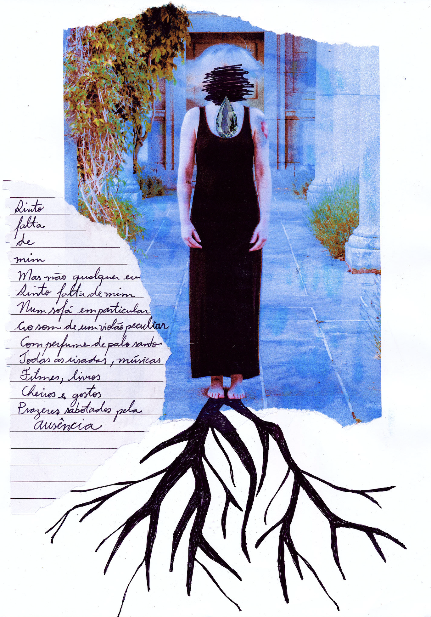 A person with a faceless head, wearing a black dress, standing on black roots, with handwritten text in Portuguese on the left side of the image. The background shows a blue tone with a tree on the left and a door in the distance.
