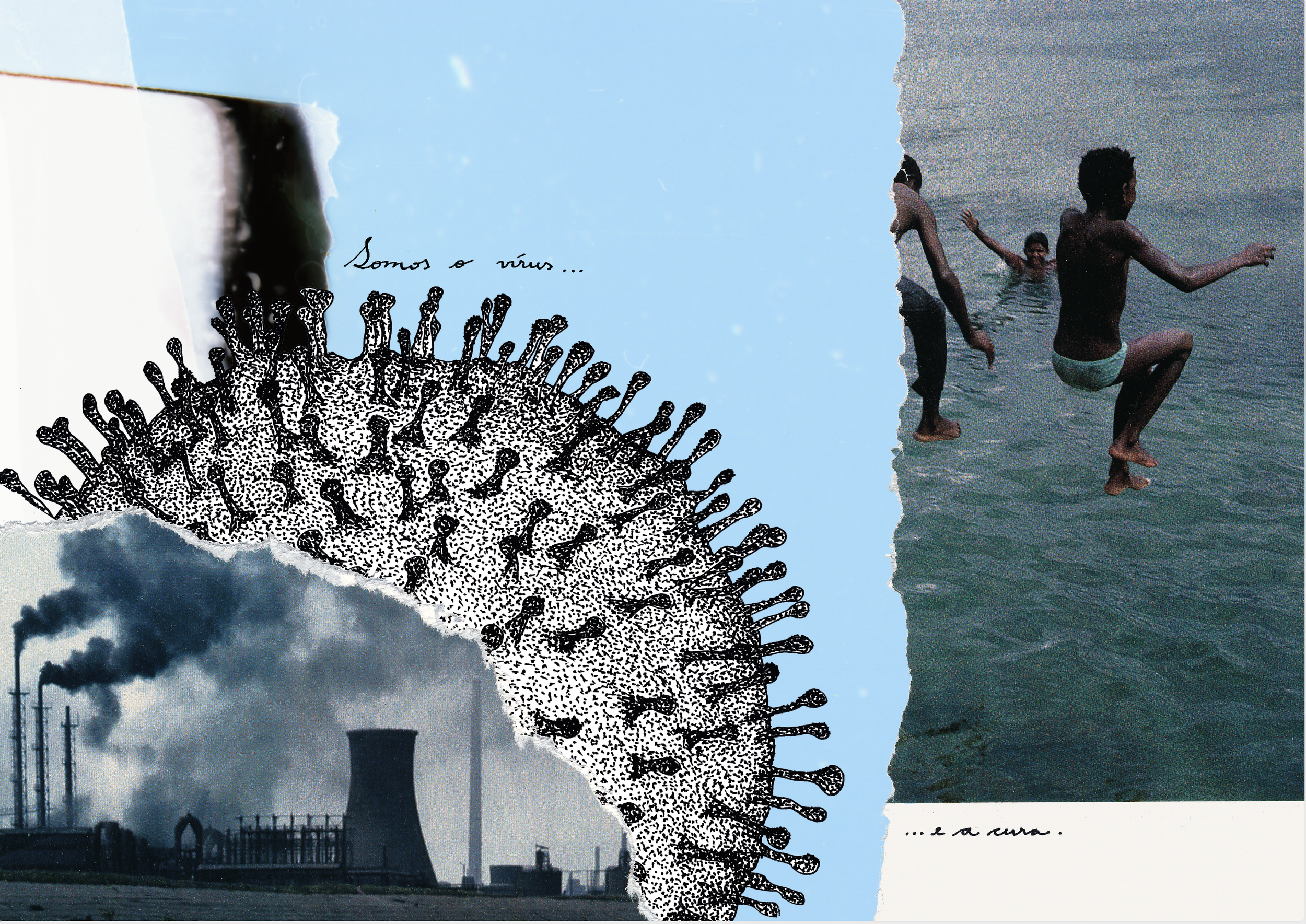 Collage of images with a drawing of a virus, a Da Vinci illustration of a fetus, and photos of children playing in water, with a background of industrial smoke stacks and a power plant.