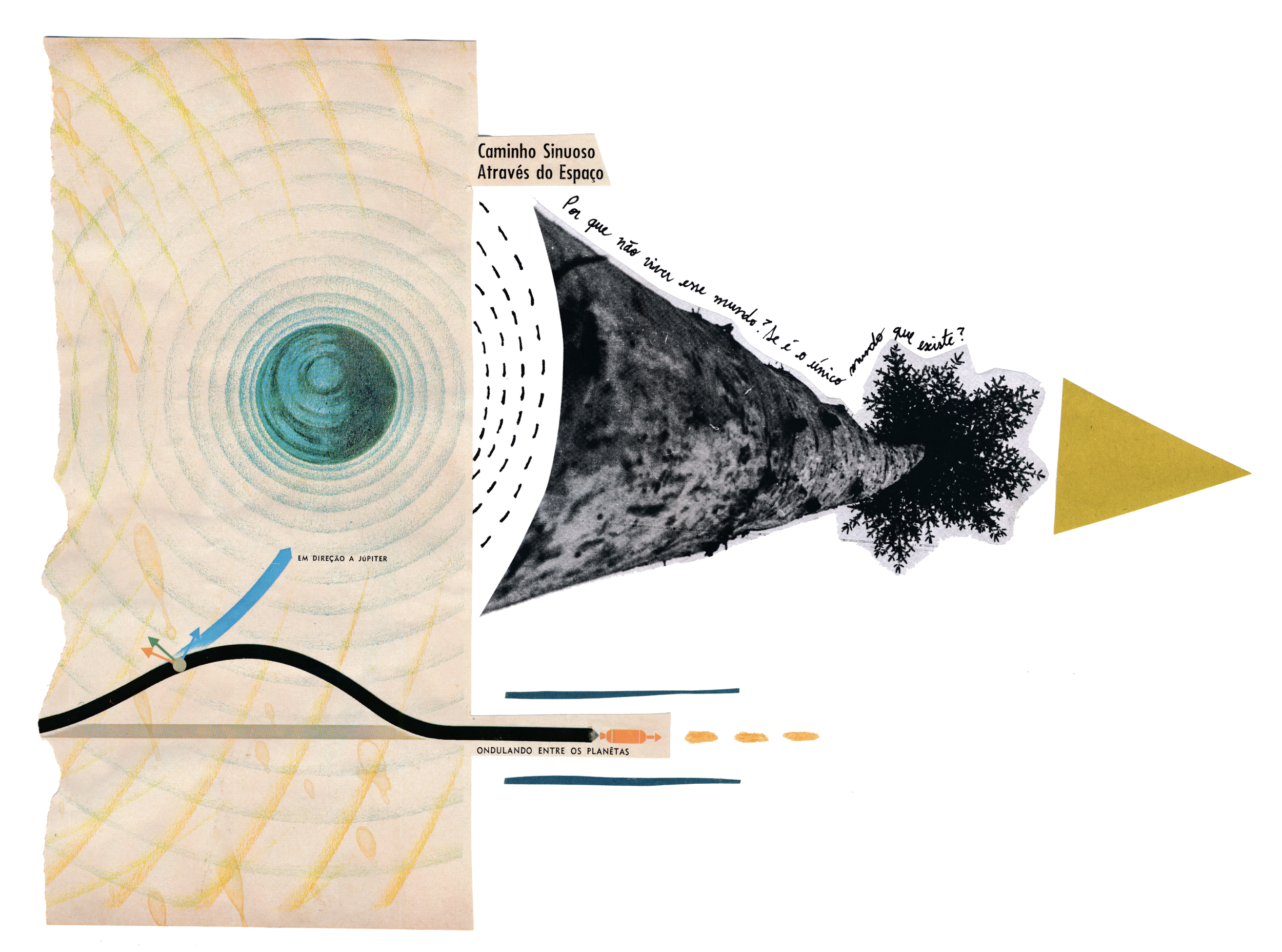Abstract collage with a diagram of a sine wave, Portuguese text, and a black and white mountain landscape with trees. Elements include colored shapes, dashed lines, and arrows.