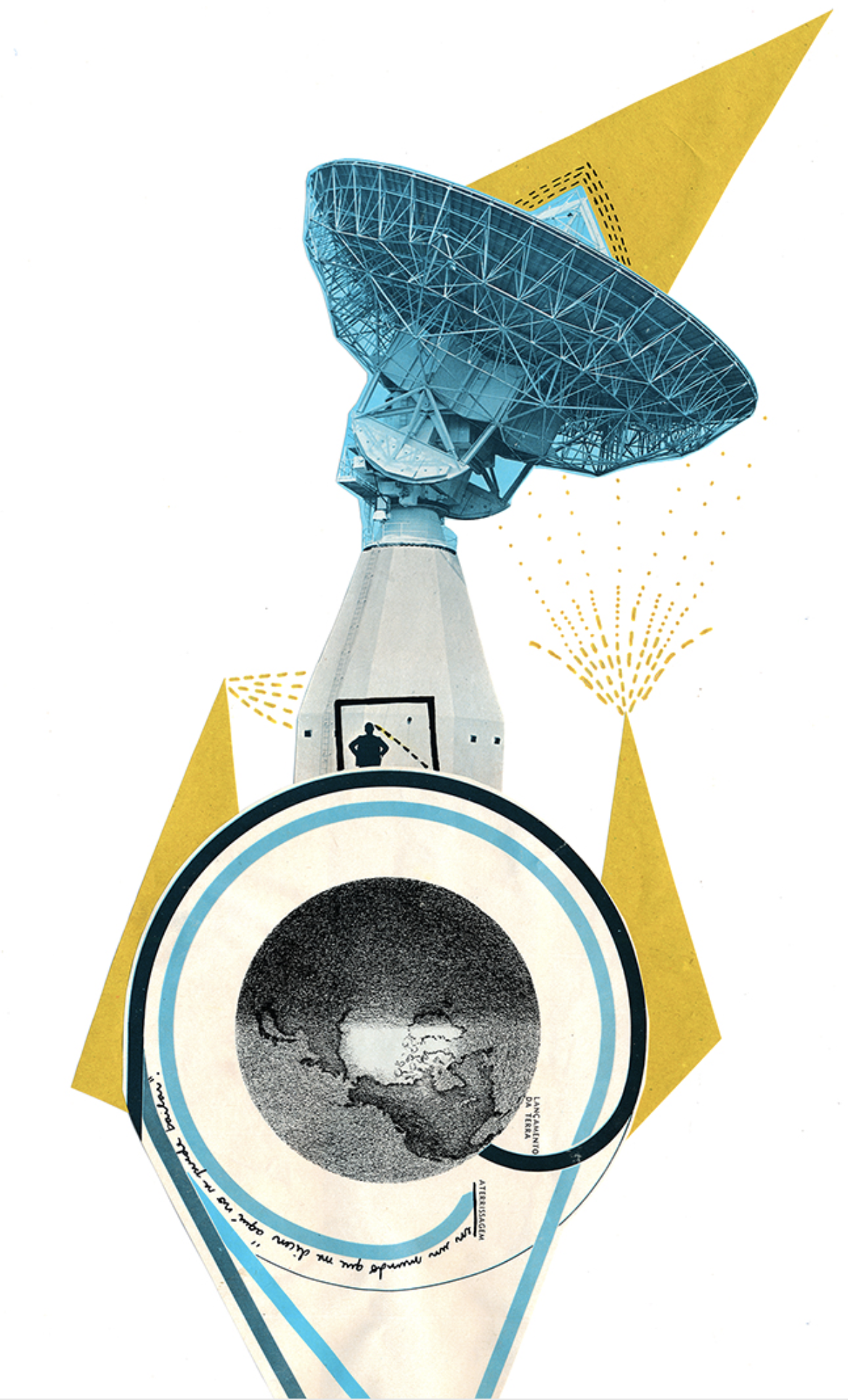 An artistic collage featuring a vintage radio speaker with a black and white image of Earth, topped with a large satellite dish and a yellow cone, with abstract yellow shapes and dotted lines in the background.
