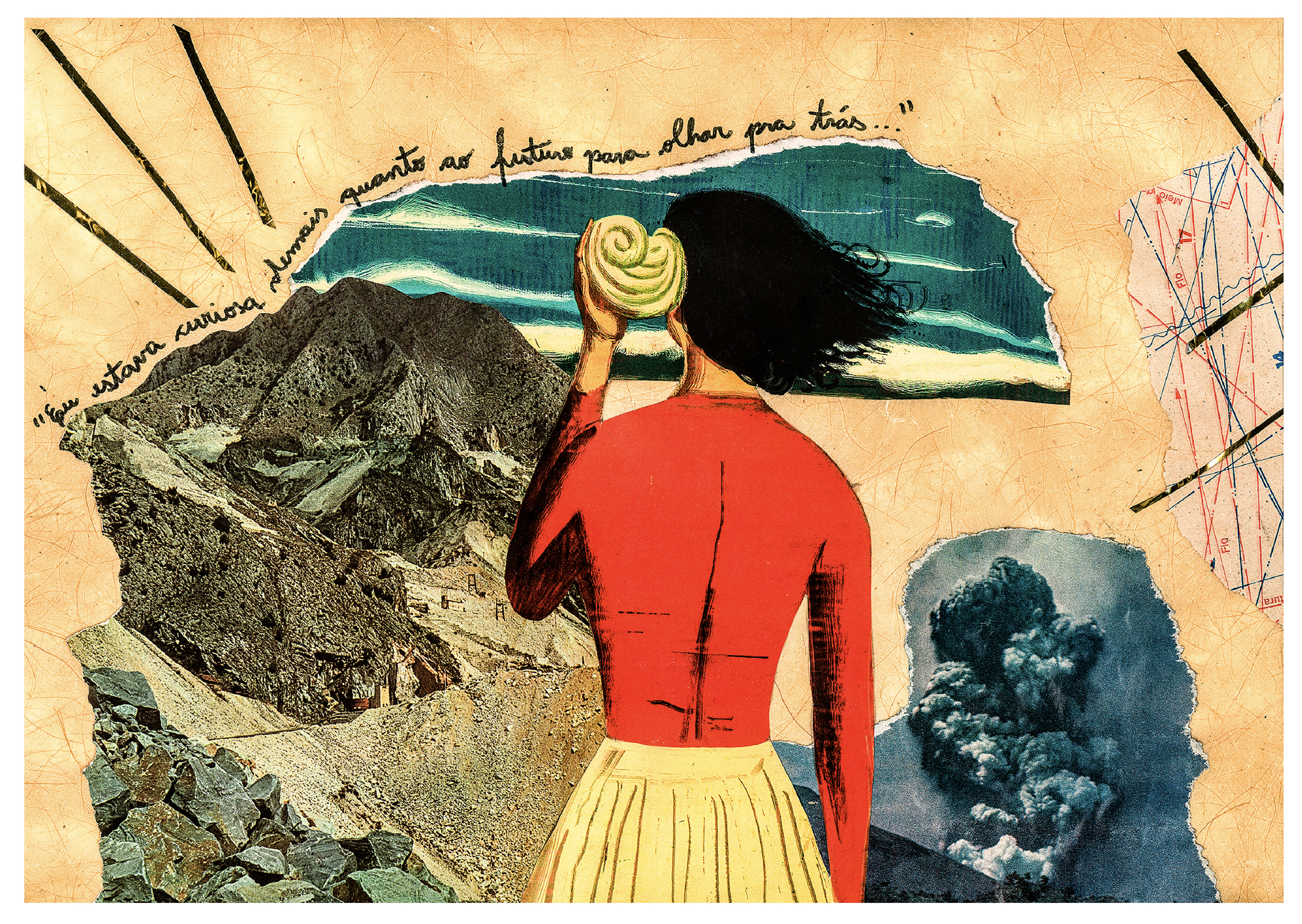 A collage featuring a woman with black hair in a red shirt holding a spiral seashell to her ear, mountains, the sky with clouds, and torn paper with a handwritten quote in Portuguese.