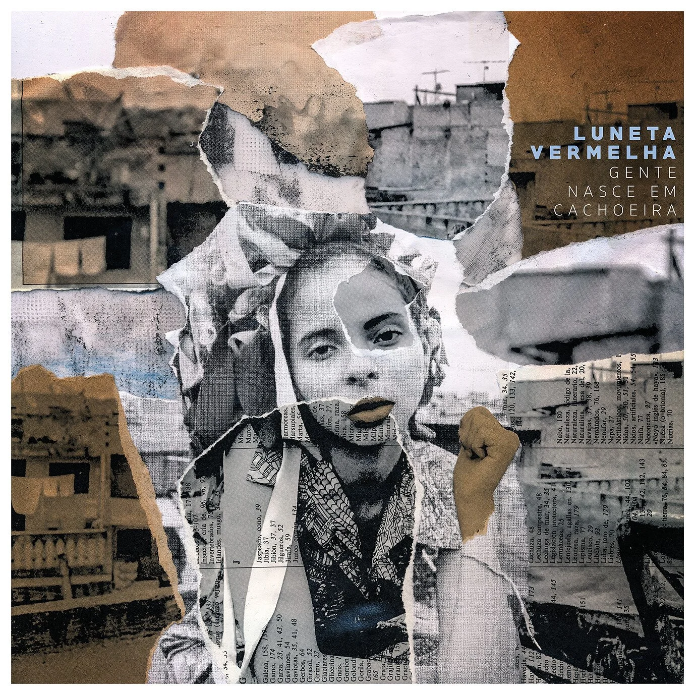 Collage of torn black and white photographs and newspaper clippings, images of women dressed in vintage clothing, and text in Portuguese, with bright blue text on the right side saying "LUNETA VERMELHA GENTE NASCE EM CACHOEIRA".