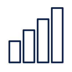 A bar graph with five ascending bars in dark blue, representing increasing data values.