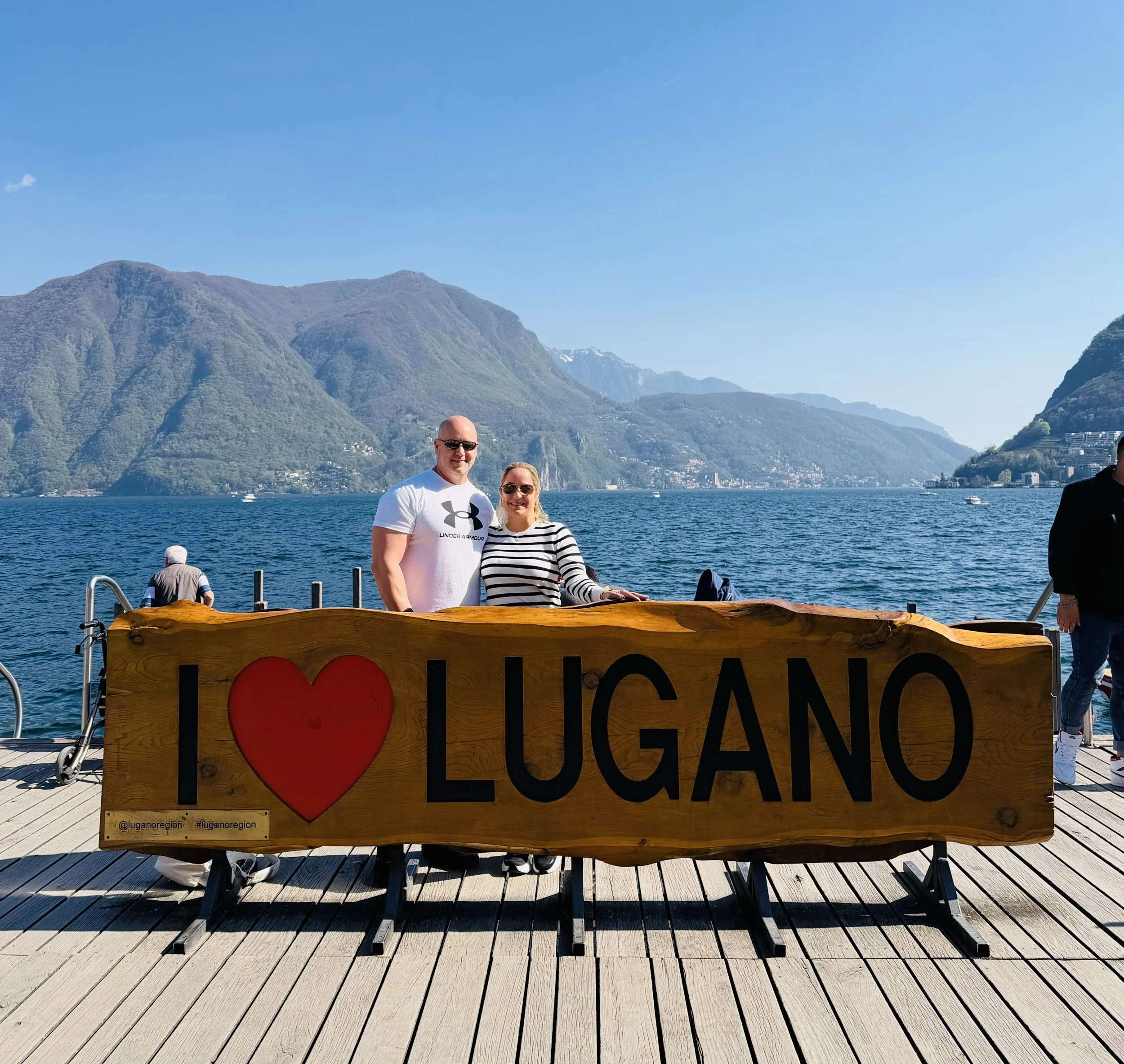 Couple smiling in Lugano, Switzerland