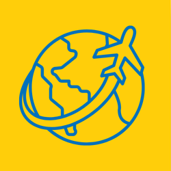 Illustration of a globe with an airplane flying around it, on a yellow background.