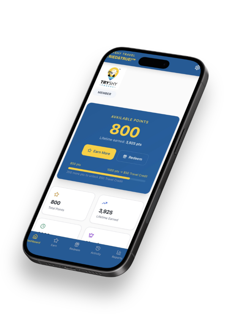 Tried&True!™ loyalty dashboard showing available points, account activity and travel rewards.