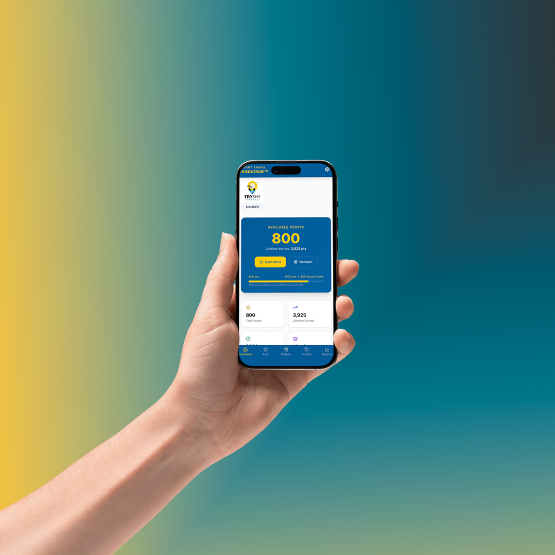 A person holding a smartphone displaying a points reward app with a blue and white interface.