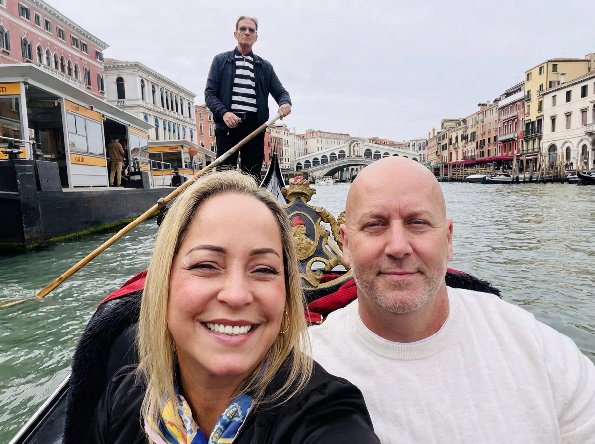 Husband and wife smiling as they cruise along the river in a gondola ride in Venice, Italy.