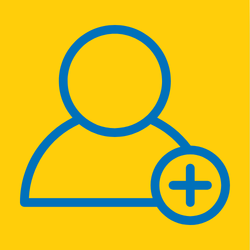 Icon of a person with a plus sign indicating adding a new user, set against a yellow background.