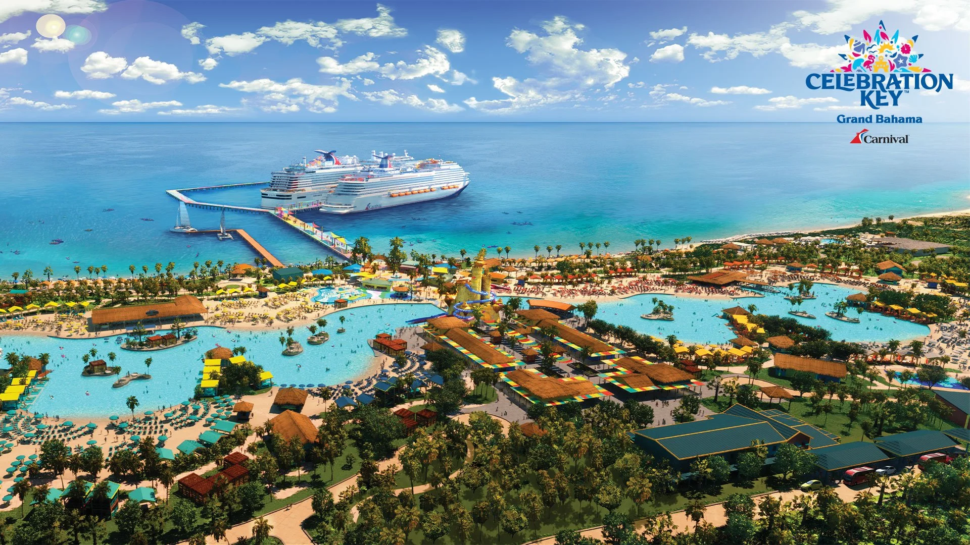 Aerial view of a tropical resort in Grand Bahama with pools, palm trees, colorful cabanas, and a large cruise ship docked at a pier by the ocean.