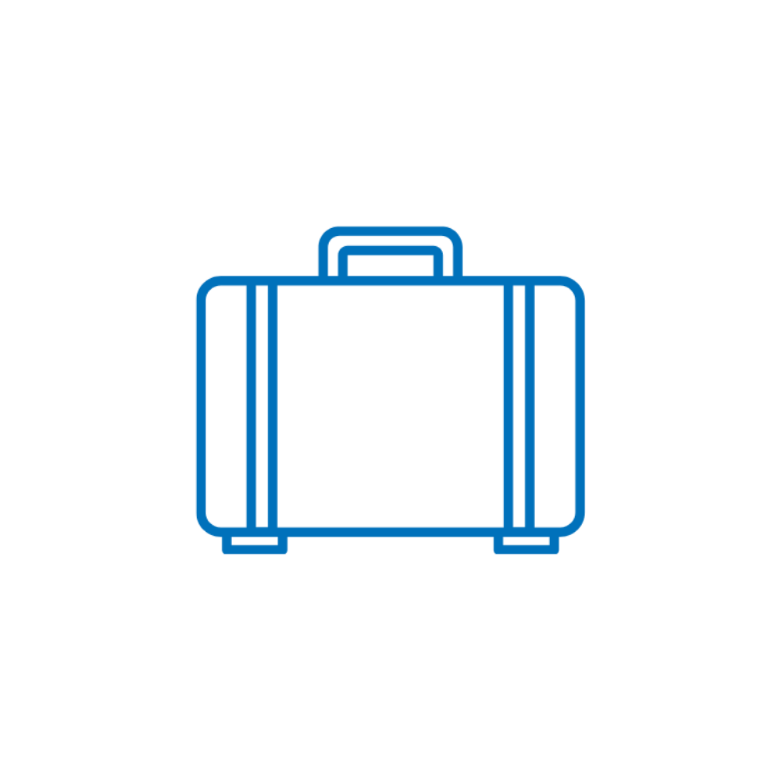 Outline of a suitcase with a handle, drawn in blue lines on a black background.