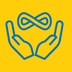 Two blue hands holding a blue infinity symbol on a yellow background.
