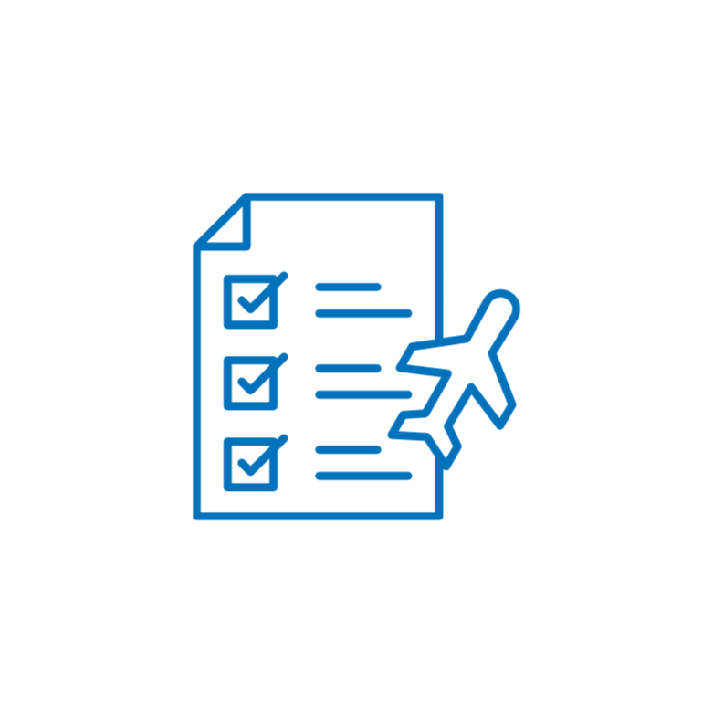 Blue outline icon of a travel checklist with an airplane icon, featuring a checklist with four checked items and a folded corner.