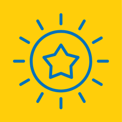 Yellow background with a blue outline of a star inside a circle, surrounded by radiating lines.