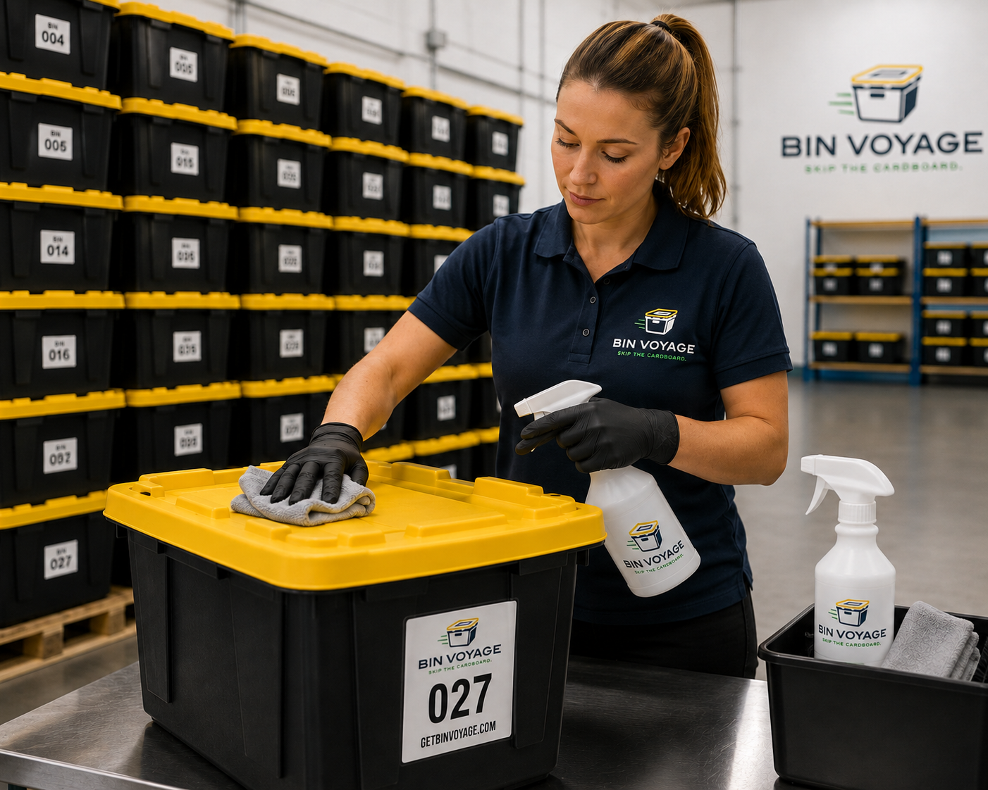 A woman with brown hair tied back, wearing a navy blue polo shirt with 'Bin Voyage' logo, cleaning a yellow-lidded black bin with a gray cloth. She is wearing black gloves and holding a spray bottle labeled 'Bin Voyage,' with another spray bottle and