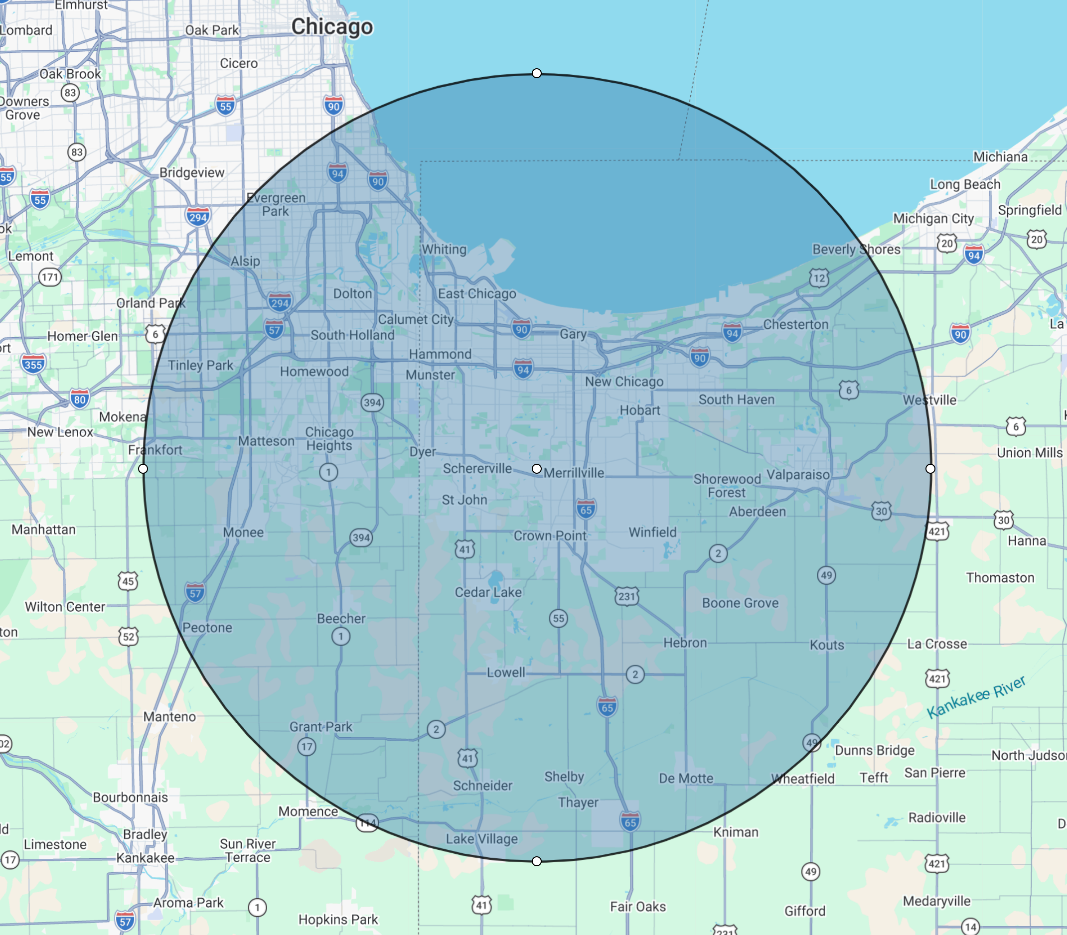 Map showing areas around Chicago, Illinois, with a circular overlay indicating a specific radius from a central point, including neighborhoods and nearby cities.