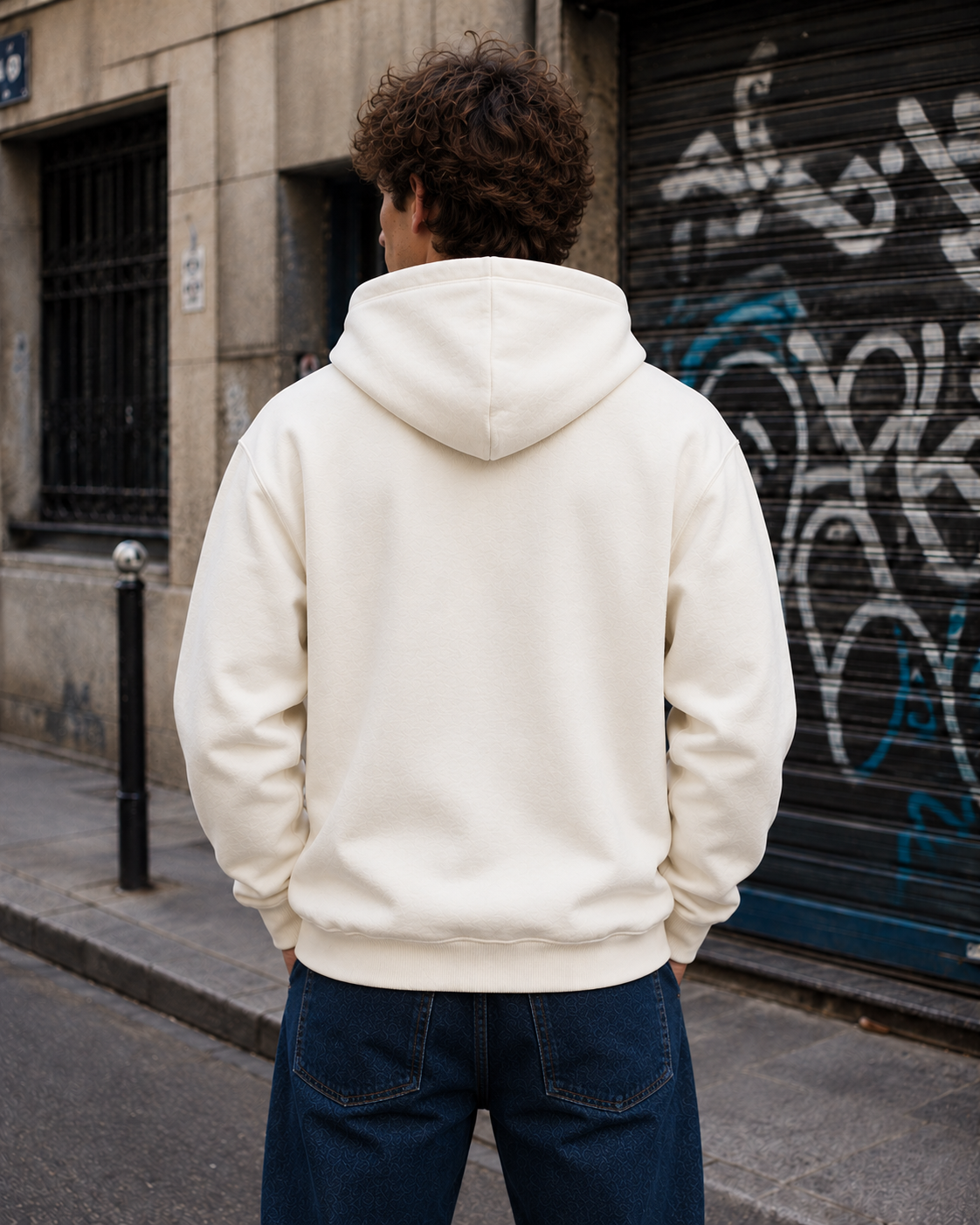 Hoodie crème devant un rideau graffiti.png