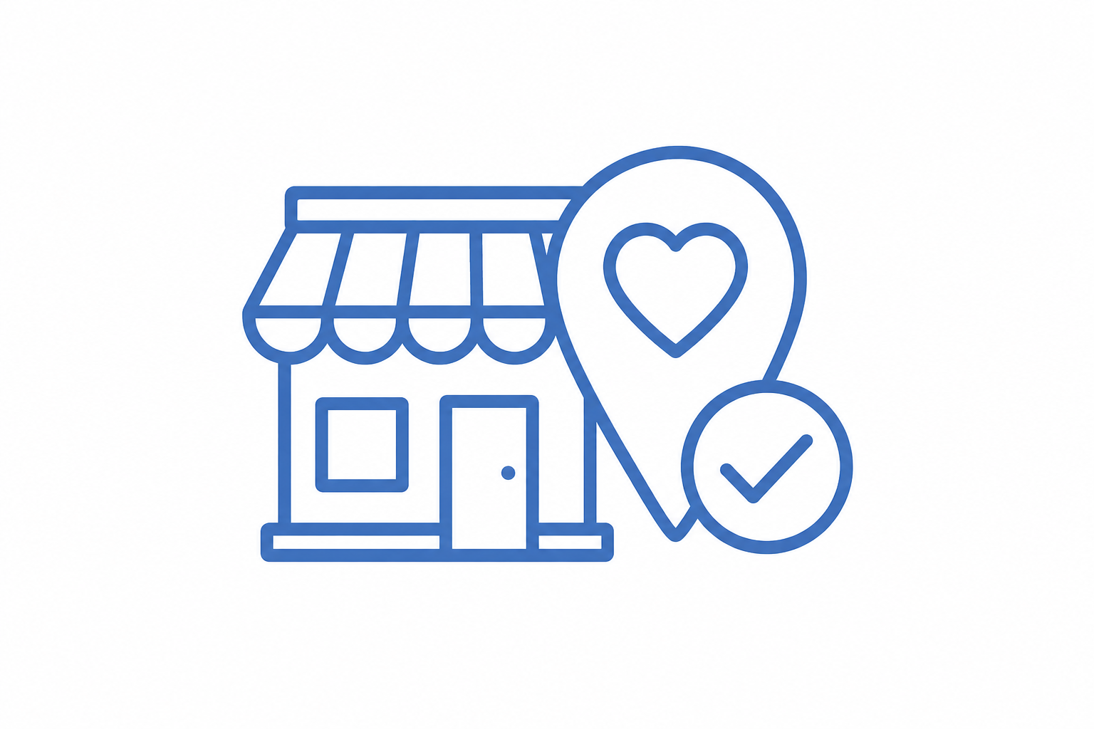 Line drawing of a small shop with an awning, two speech bubbles with a heart and a checkmark, indicating customer love or approval.