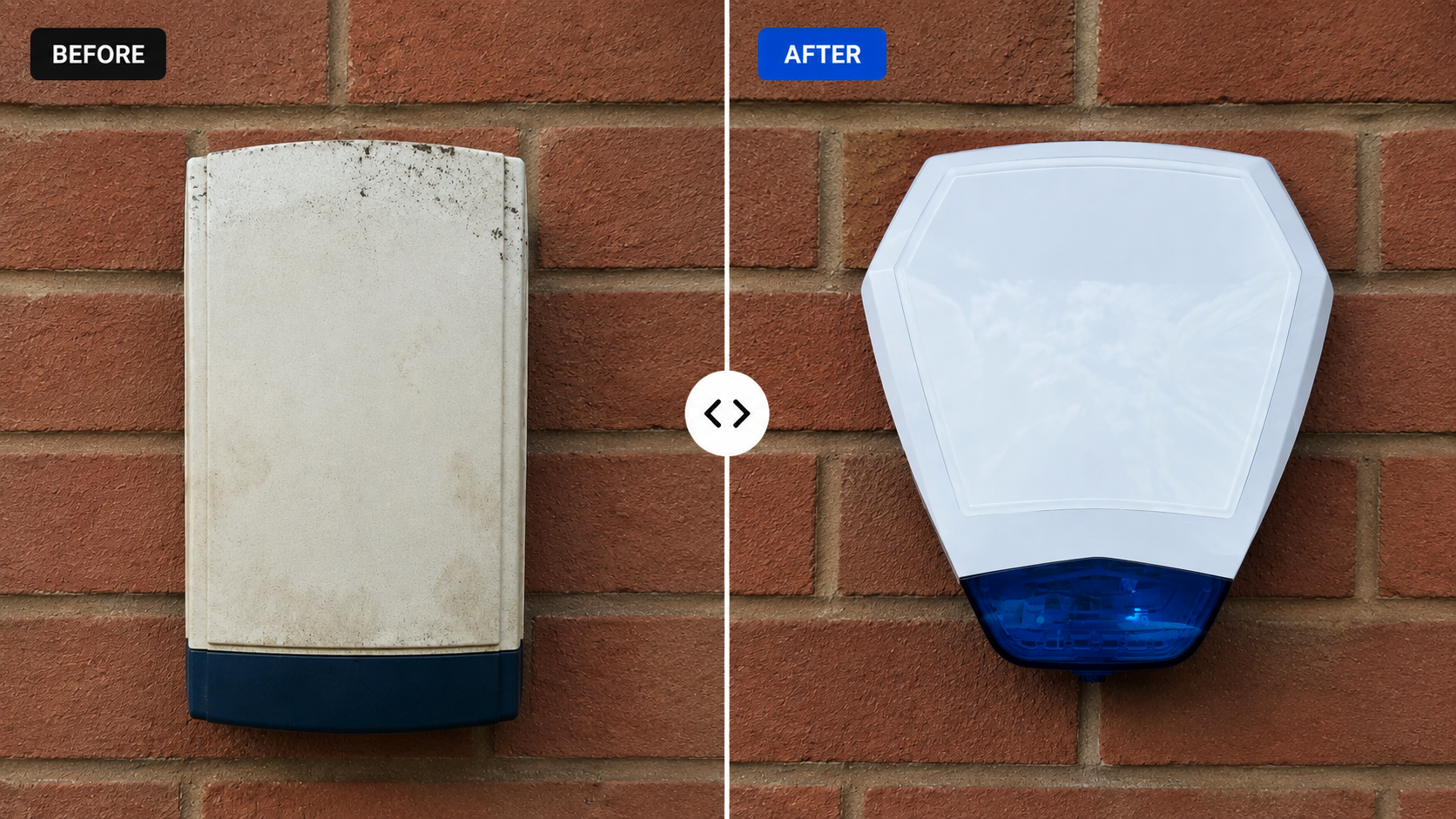 Comparison of an old, dirty security alarm cover on the left and a new, clean digital alarm sensor on the right mounted on a brick wall.