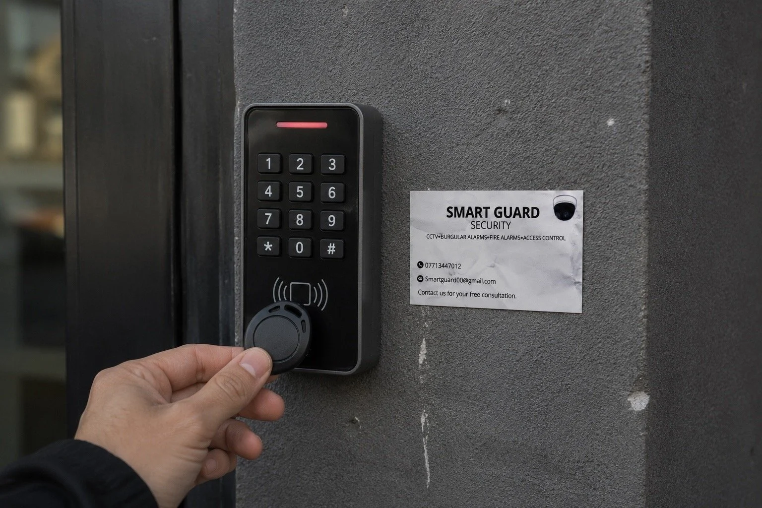 Close-up of a person's hand entering a code on a black security keypad mounted on a gray wall. There is a paper sign titled 'Smart Guard Security' and a small security camera on the wall beside the keypad.