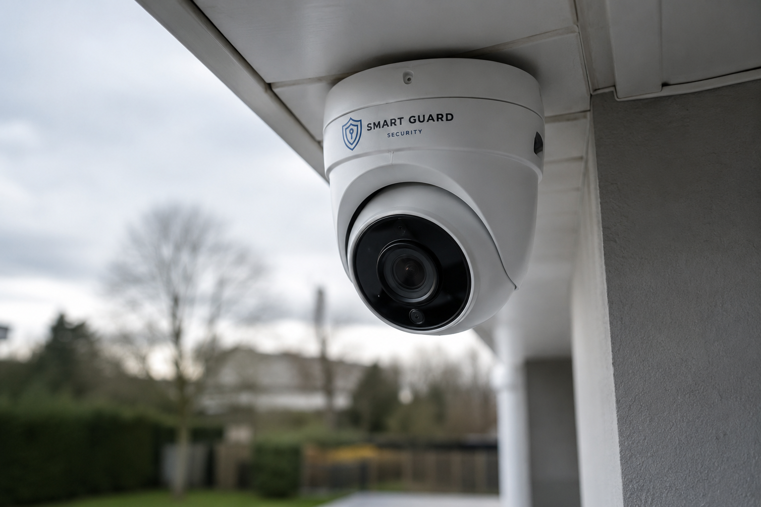 Close-up of a white security camera mounted underneath the eaves of a house with a cloudy sky in the background.