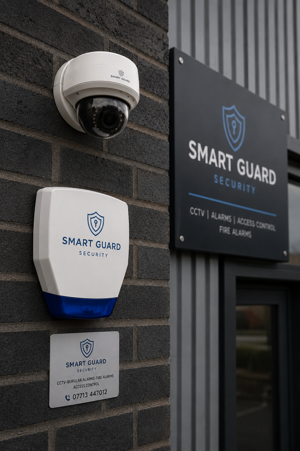 Security cameras and signage for Smart Guard security system outside a building.