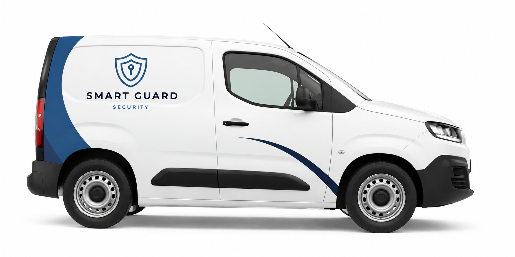 White security vehicle with 'Smart Guard Security' logo on the side, black bumpers, and a blue and black graphic design on the side panel.