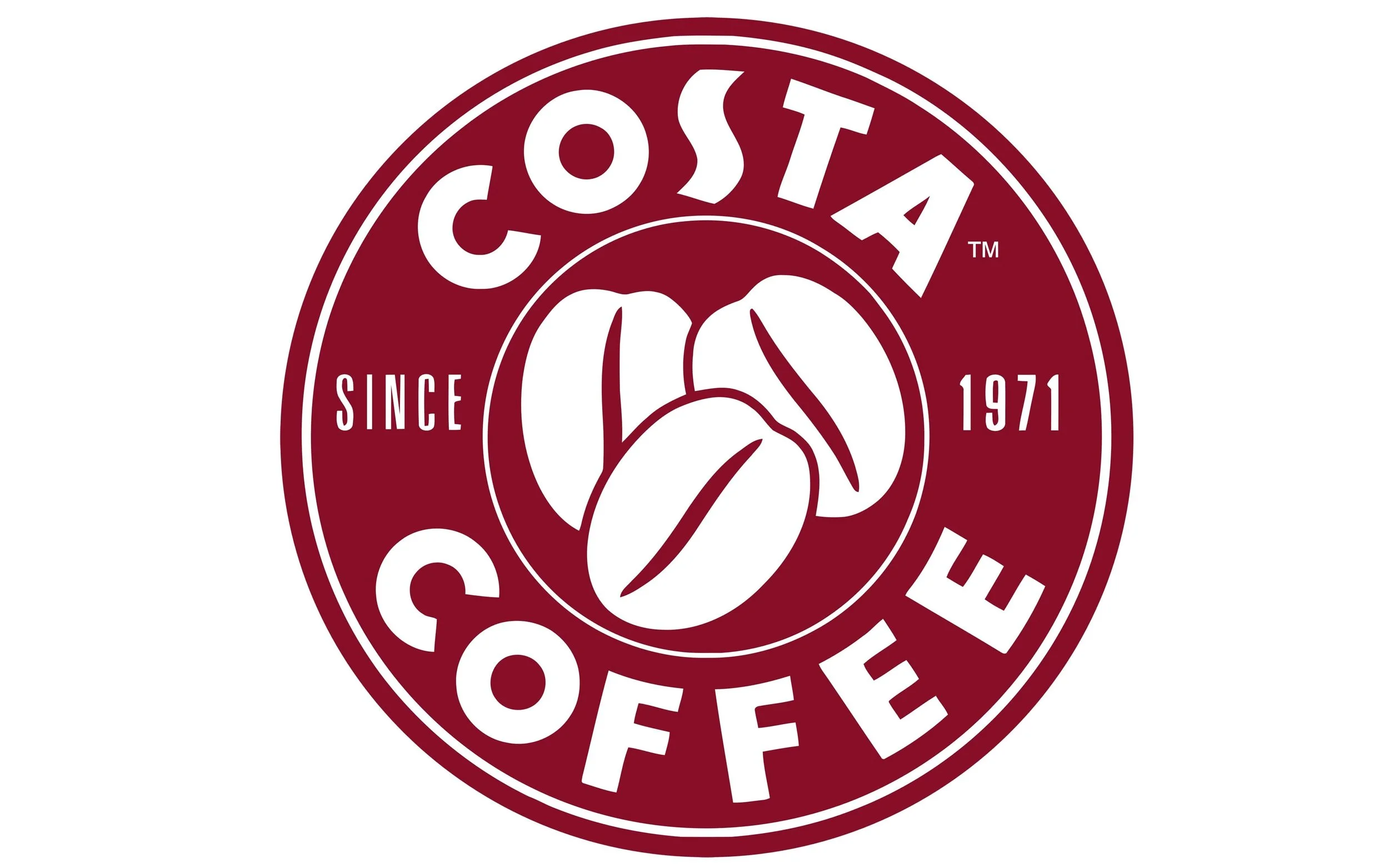 Logo with a maroon circle and white text reading 'Costa Coffee', 'Since 1971', and 'Coffee' with a stylized coffee bean in the center.