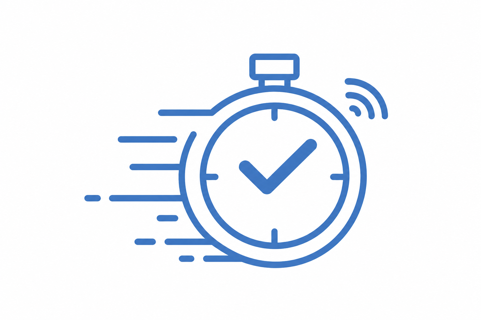 A blue icon of a stopwatch with a checkmark inside, symbolizing quickness or efficiency, with lines indicating motion or speed.