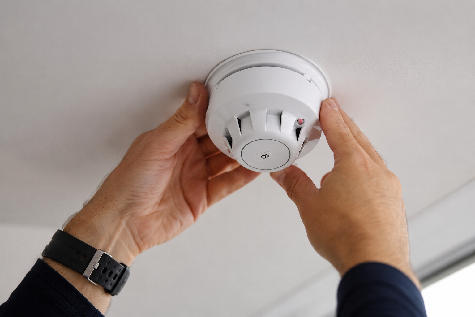 A person testing a smoke detector on the ceiling with their hands, wearing a black watch.