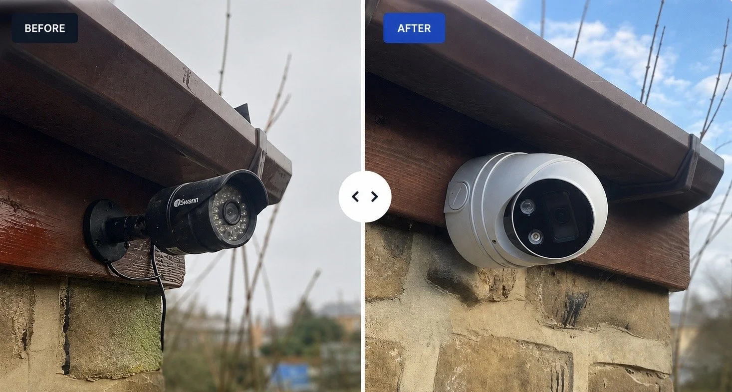 Comparison of security cameras mounted on a building's exterior: the 'before' image shows a black camera with infrared lights, and the 'after' image shows a new white camera replacing the old one, mounted on brick and wood surfaces.