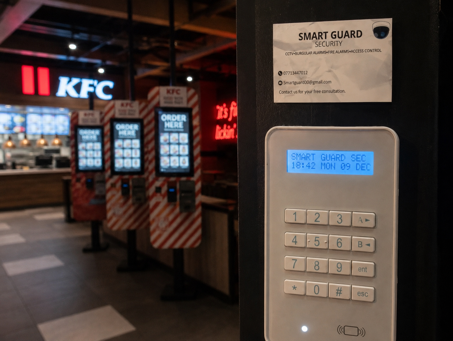The image shows the interior of a fast food restaurant, KFC, with digital ordering kiosks in the background and a security keypad in the foreground displaying the time and date.