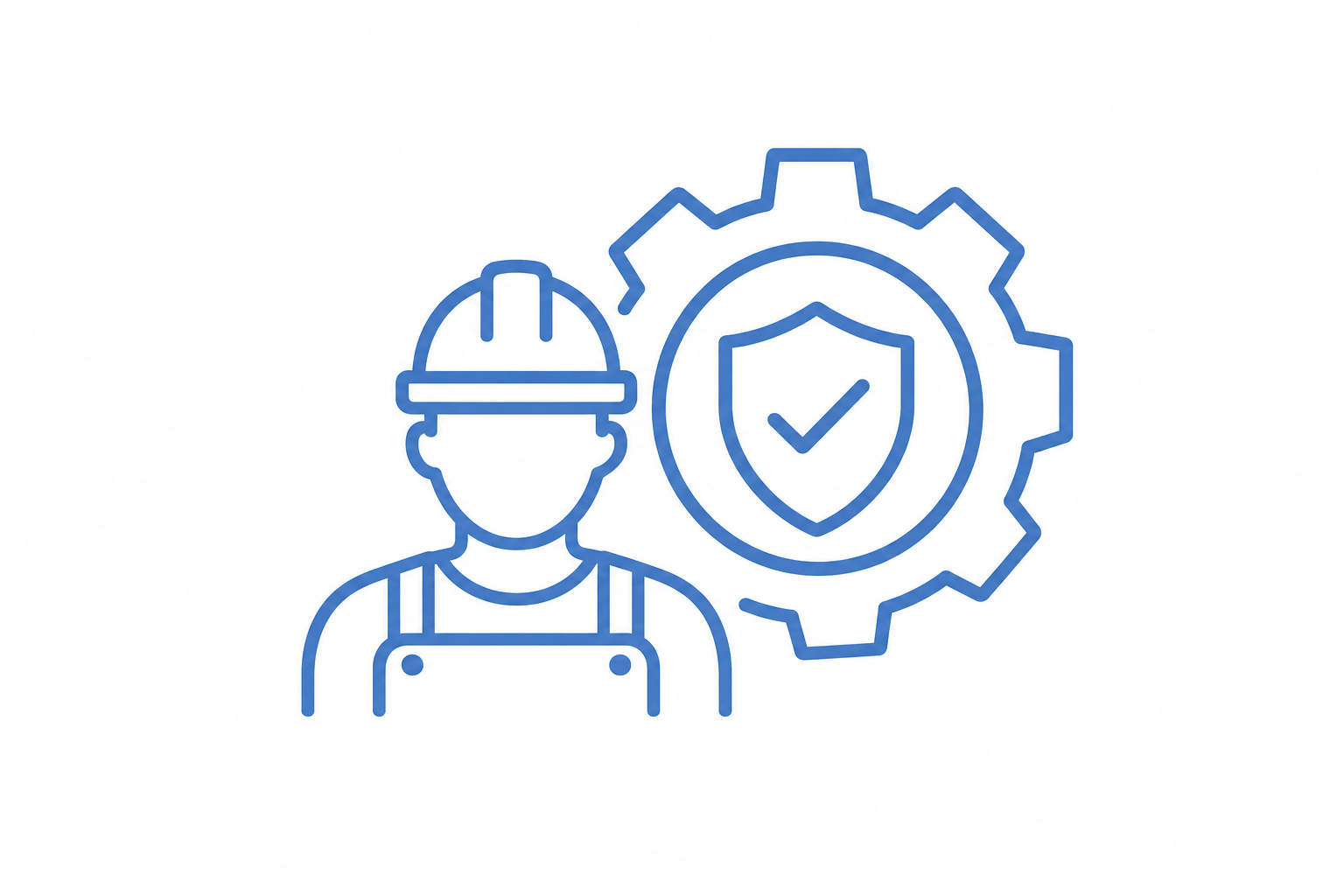 Line drawing of a worker wearing a hard hat and overalls, with a gear and shield with a checkmark behind them, symbolizing safety and quality assurance.