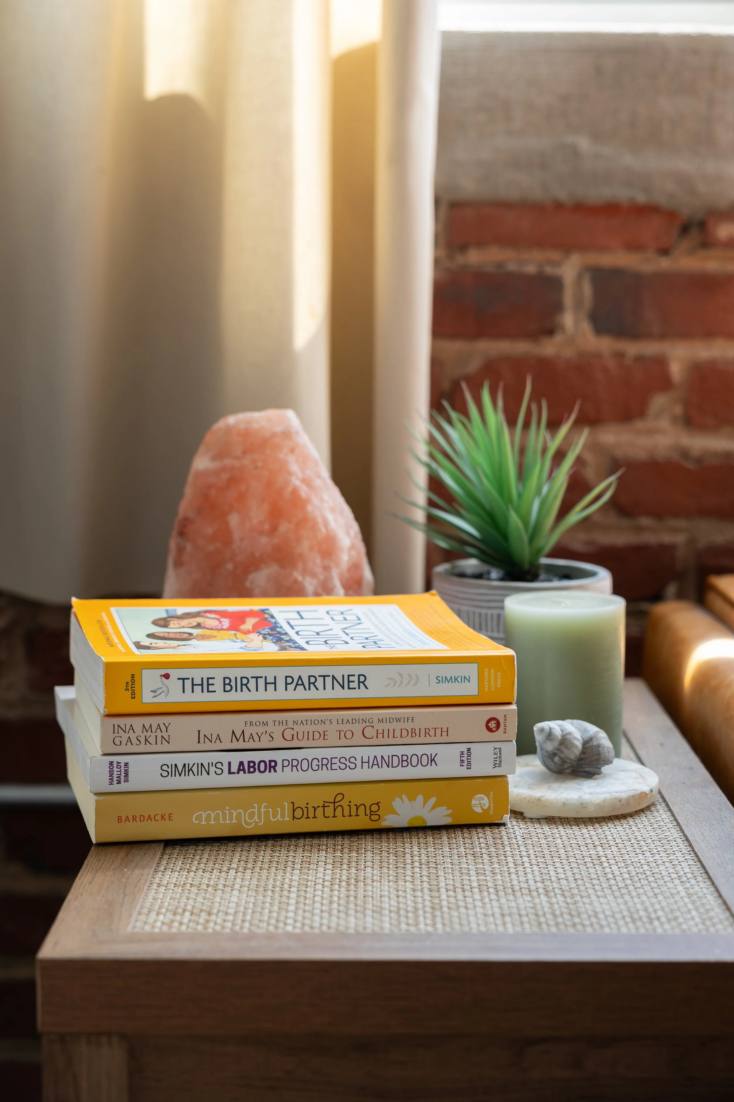 A table with a stack of six books about childbirth, a lamp, a green plant in a white pot, and a candle, with a brick wall and a beige curtain in the background.