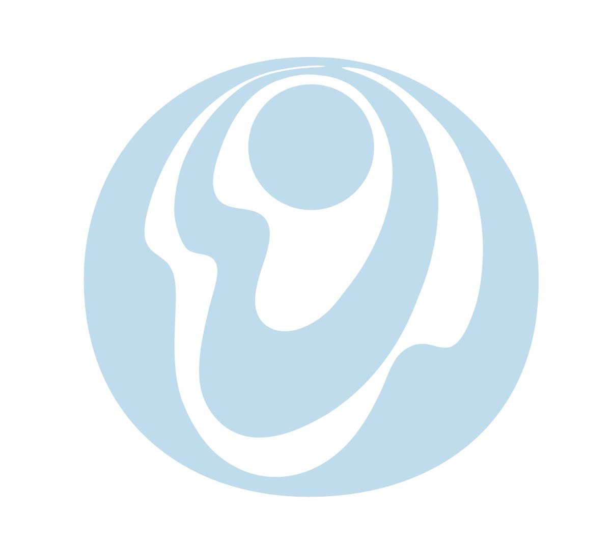 Abstract logo design featuring a stylized human figure in white with arms raised, inside a blue circular background.