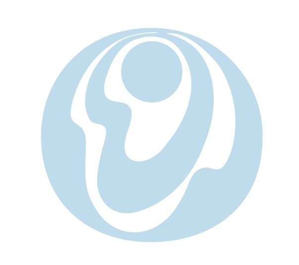 A stylized, abstract eye symbol in light blue with black outlines on a black background.
