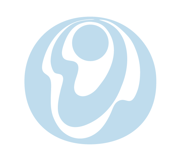 Blue abstract logo with a circular design and flowing lines.