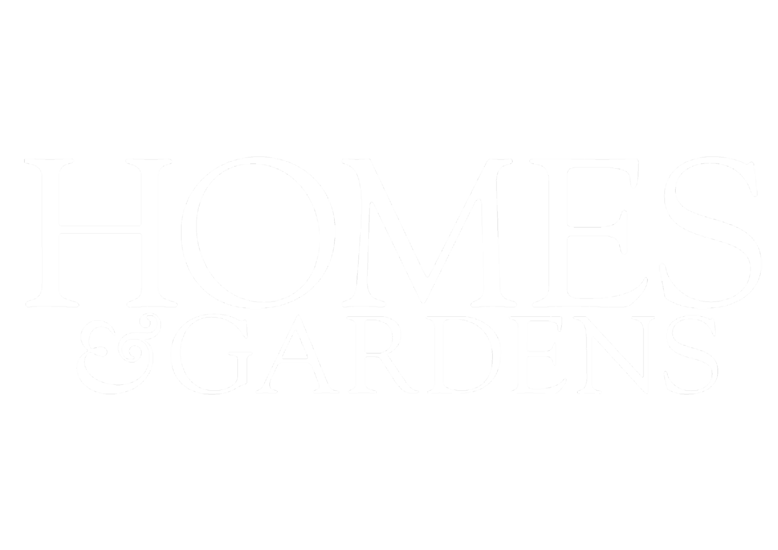 The logo for Homes & Gardens featuring the words in white text on a black background.