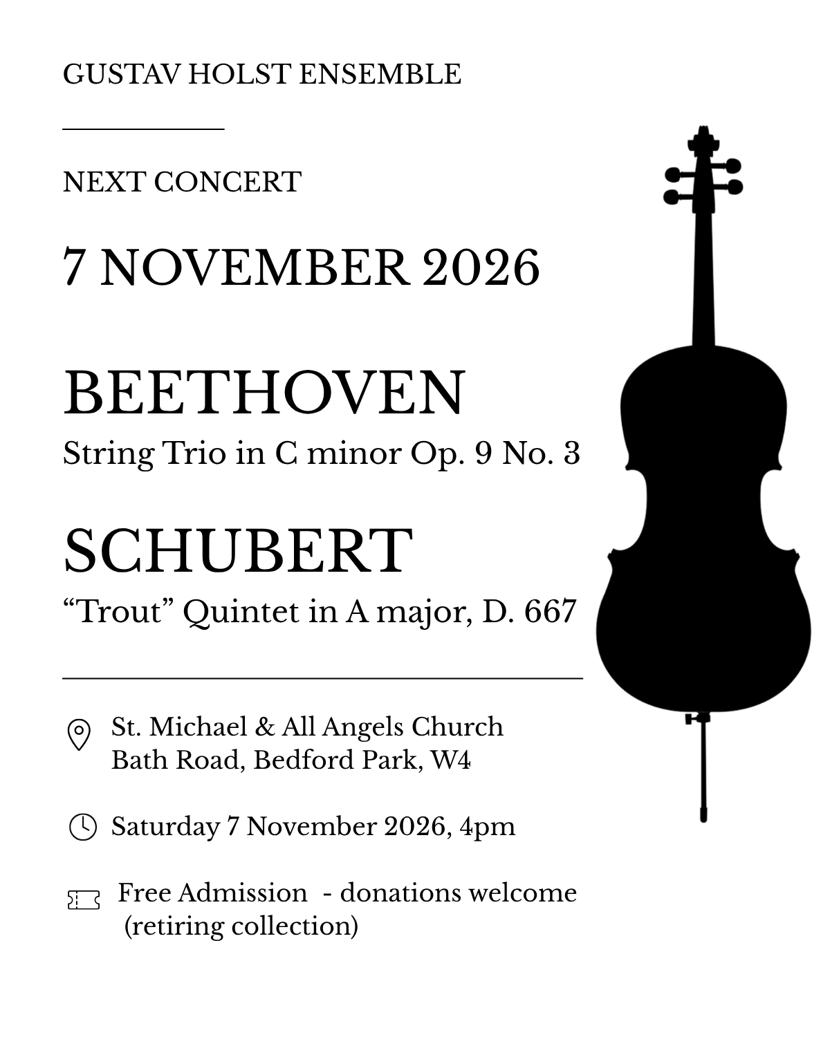 Outline drawing of a violin and bow, with a small clock symbol in the bottom left corner.