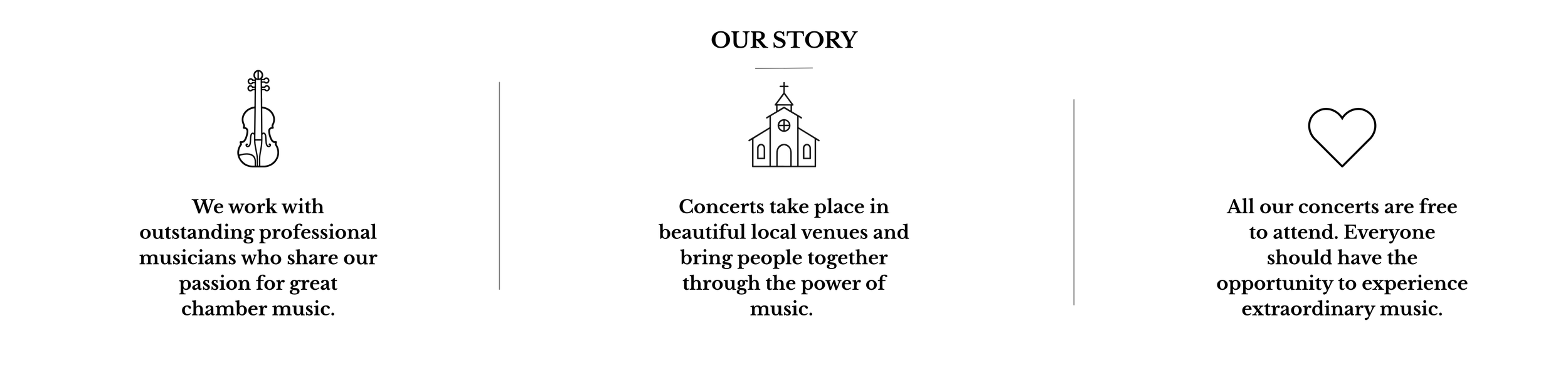 Line drawings of a violin, a church and a heart representing the Gustav Holst Ensemble.