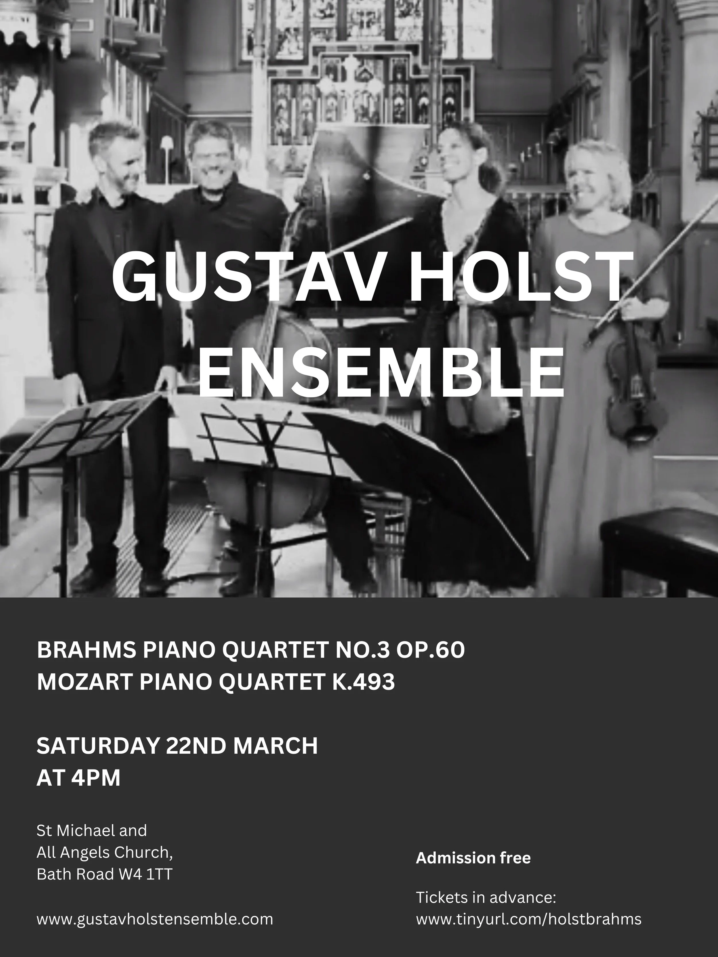 Concert poster with a black and white photo of a string quartet performing in a room with bookshelves and windows. The text promotes Gustav Holst Ensemble performing Brahms Piano Quartet No.3 Op.60 and Mozart Piano Quartet K.493 on Saturday, March 22nd at 4 PM at All Angels Church, Bath Road, W4 1TT. Admission is free, and tickets are available online.