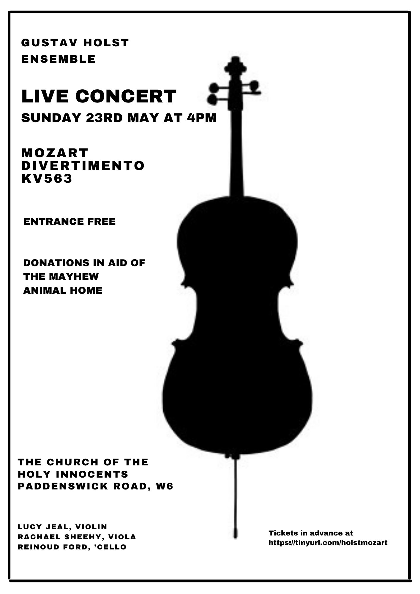 Black silhouette of a church steeple with a cross on top used as the background for event details about a Gustav Holst Ensemble live concert featuring Mozart's Divertimento KV563, on Sunday, 23rd May at 4 PM, at Holy Innocents Church, Paddenswick Road, W6, with performances by Lucy Jeal on violin, Rachael Sheehy on viola, and Reinoud Ford on cello. The event has free entrance and donations go to The Mayhew Animal Home. Tickets are available online.