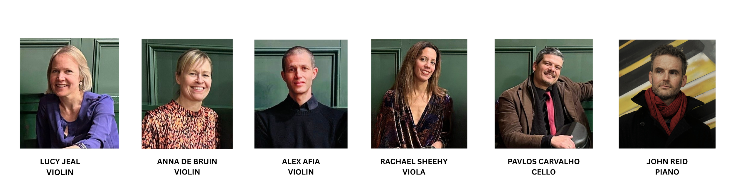 Six people sitting in front of a green wall, smiling for the camera.