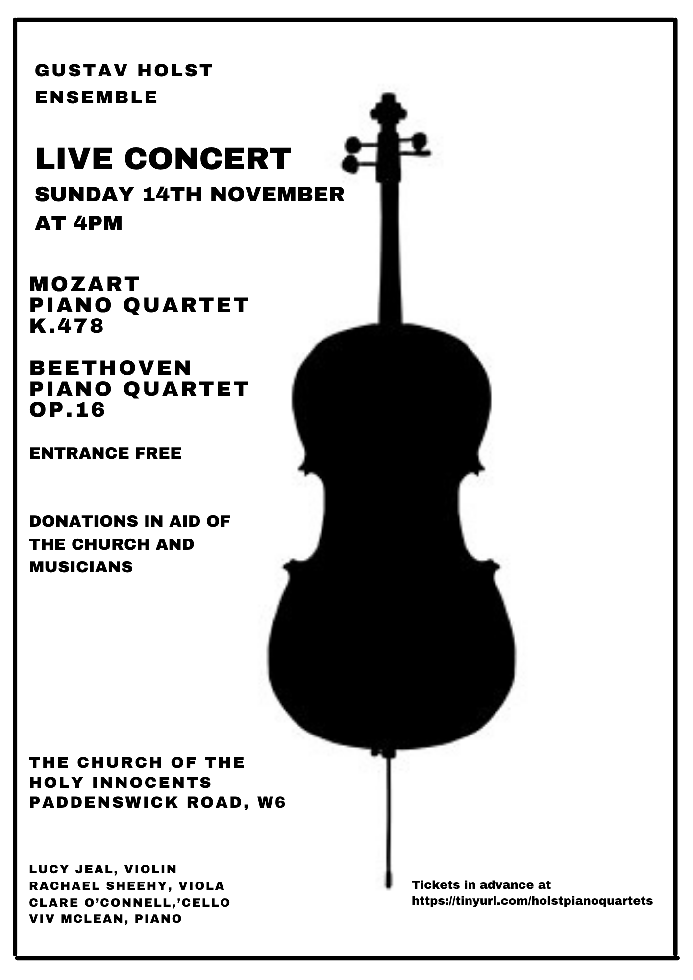 Event poster for a live concert by Gustav Holst Ensemble. The concert is on Sunday, November 14th at 4 pm. The program features Mozart Piano Quartet K.478, Beethoven Piano Quartet Op.16, and works by the Holy Innocents Church choir at Paddenswick Road, W6. Musicians include Lucy Jeal on violin, Rachael Sheehy on viola, Clare O'Connell on cello, and Viv McLean on piano. Tickets available at a URL.