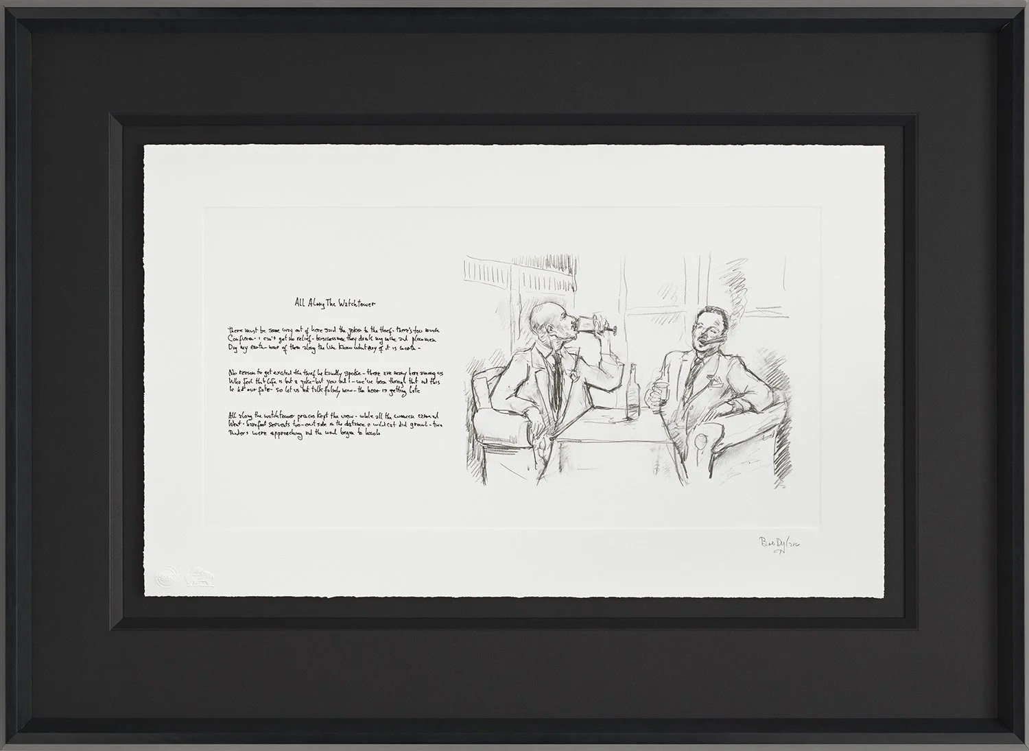 A framed sketch of two men sitting at a table, drinking beer, with handwritten notes on the left side of the paper. The sketch is signed by Bob Dylan.