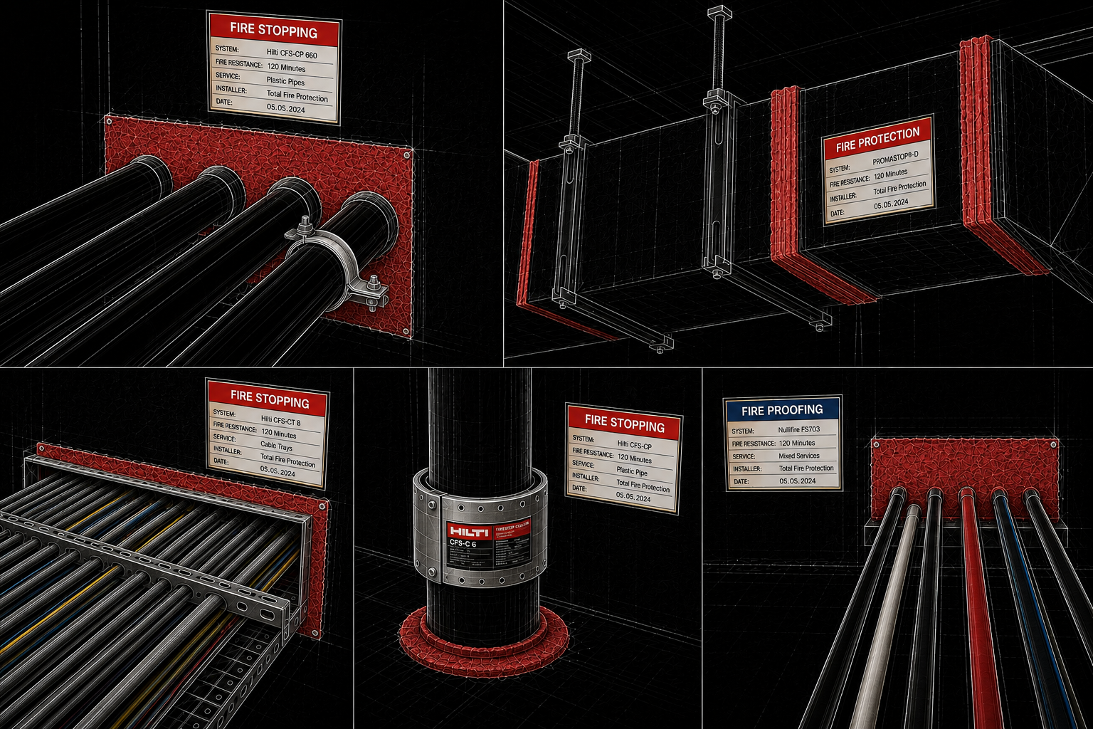 A digital illustration of a fire protection system showcasing various components like pipes, cable trays, and fireproofing panels, with labels detailing system information and installation dates.
