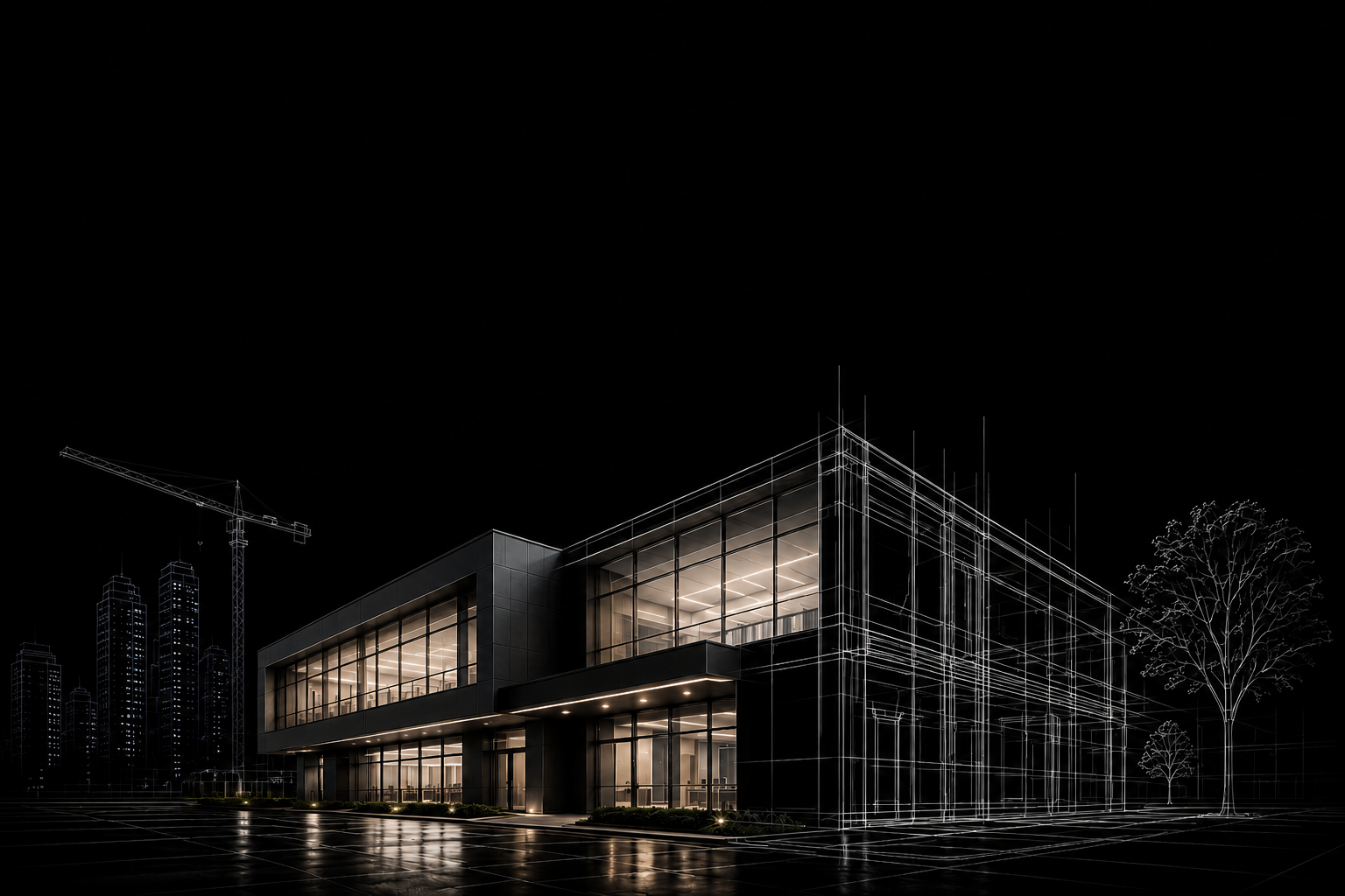 Nighttime rendering of a modern two-story office building with glass walls, with some areas outlined by white wireframe lines, and illuminated interior lights visible. In the background, there are tall city buildings, a crane, and sparse trees, all set against a dark sky.