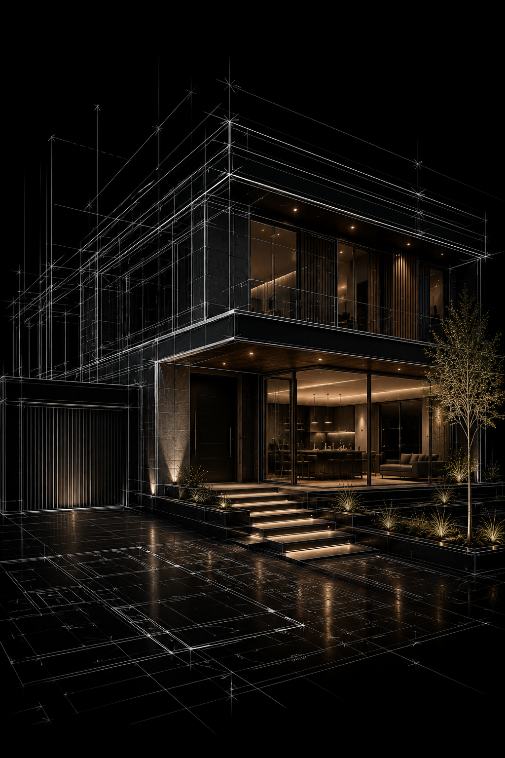 Night view of a modern house with large glass windows, illuminated interior, landscaped front yard, and a tree, with architectural blueprint lines overlaid.