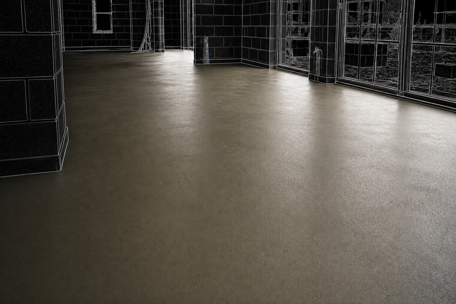 Empty interior space, possibly a lobby or hallway, with tiled black walls, large windows, and a polished floor.