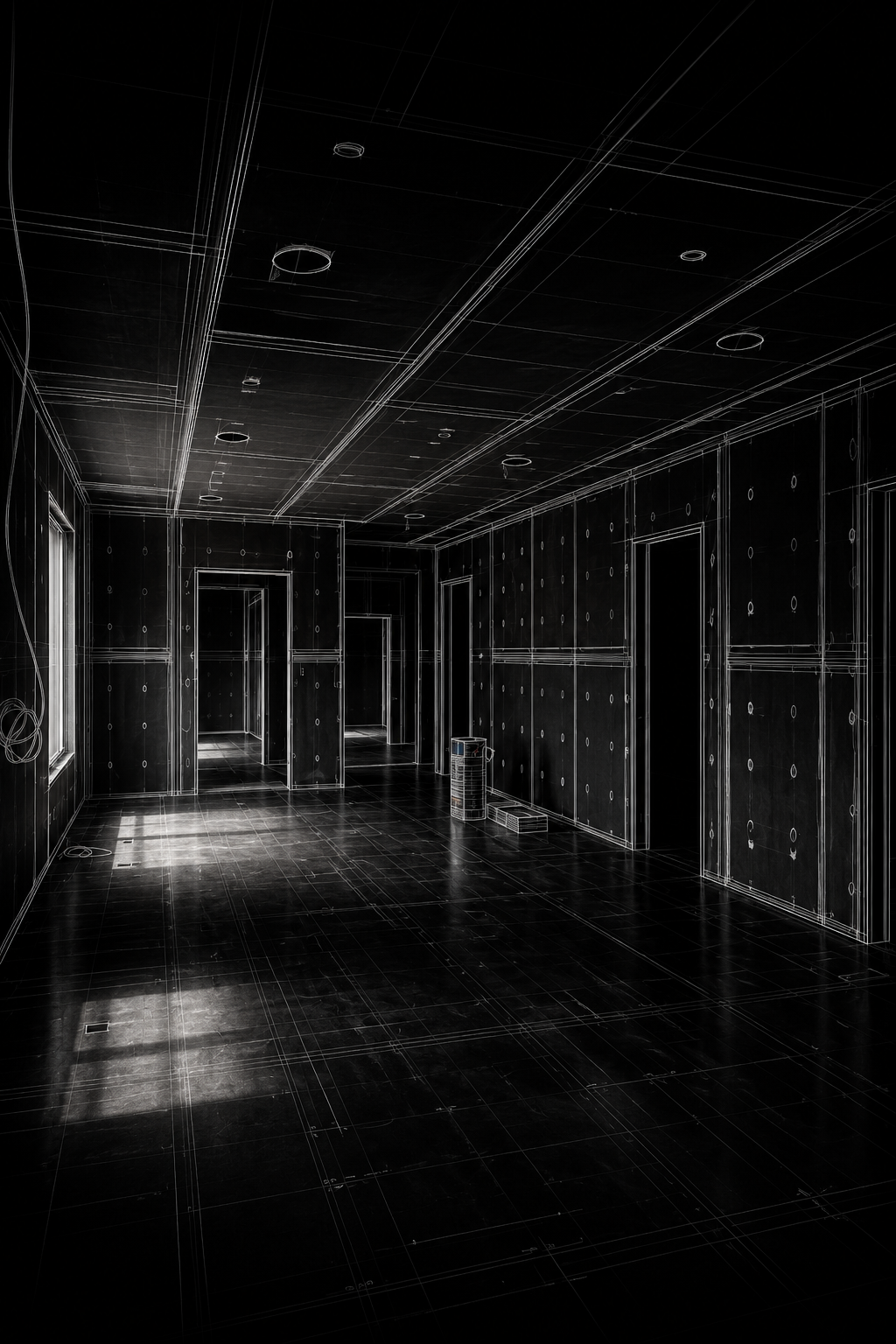 Black and white photo of an unfinished room with walls and ceiling outlined in white lines, revealing construction details. The room has a window on the left side, and several doorways leading to other rooms. Construction materials are on the floor near the back wall.